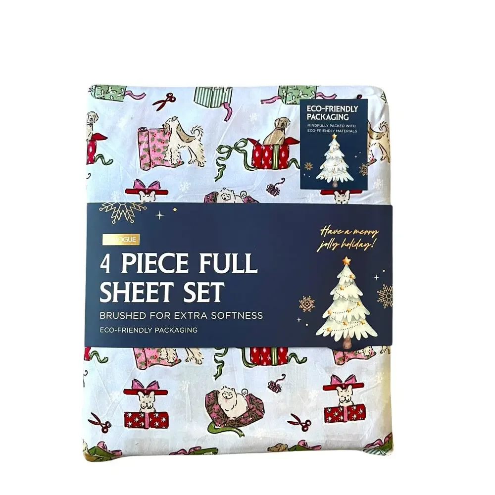 Envogue FULL 4pc Sheet Set Christmas Wrapping Dogs Festive Holiday Bedding NEW